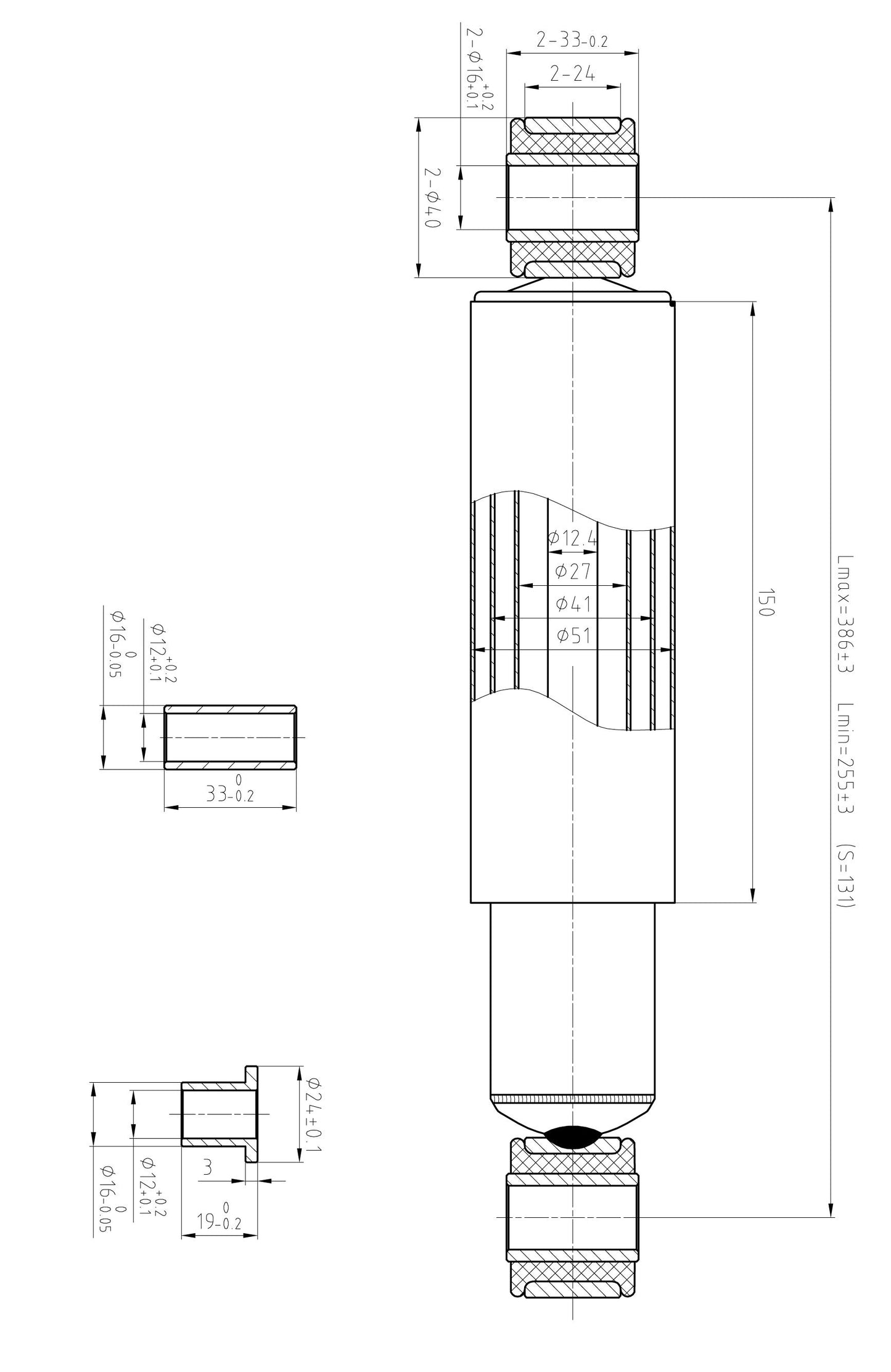 TA Technix universeller Luftfahrwerkdämpfer mit Auge/Auge Befestigung