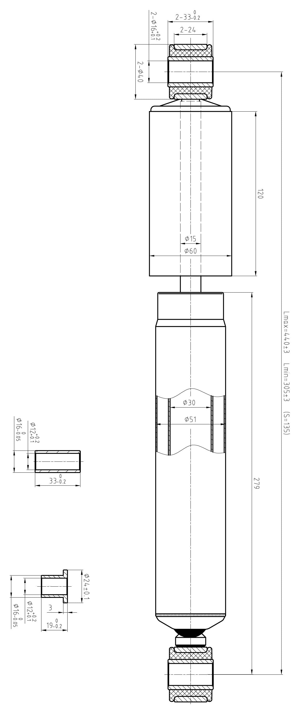 TA Technix universeller Luftfahrwerkdämpfer mit Auge/Auge Befestigung