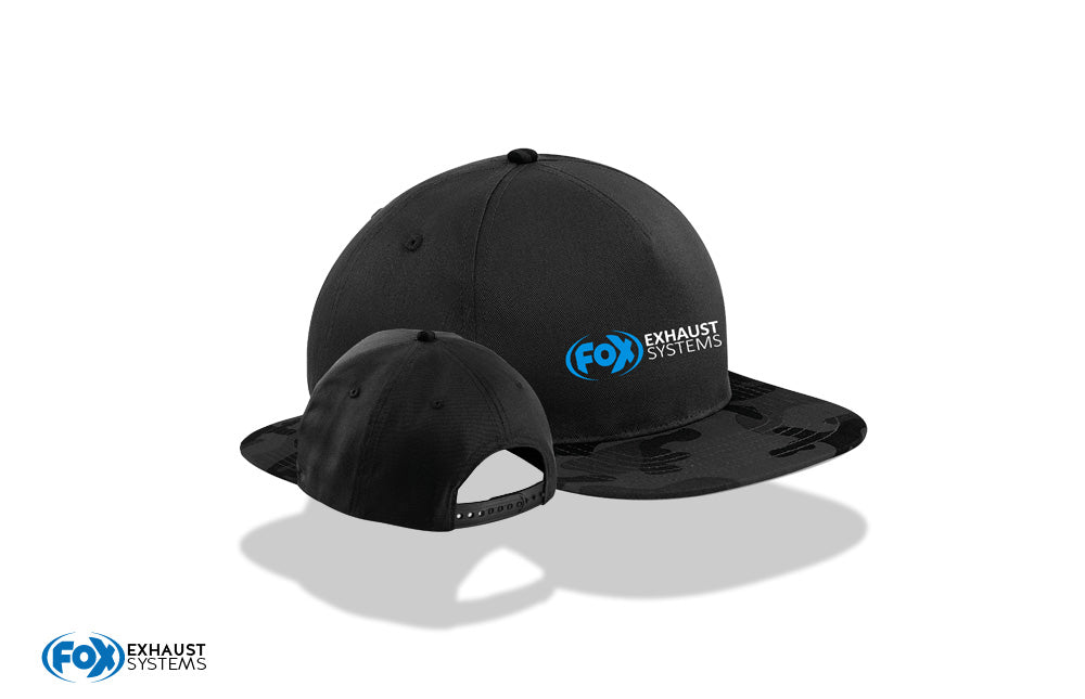 FOX Snapback Camouflage "FOX Exhaust Systems " #1 100% Baumwolle (Twill) - 5-teilig (Stirnteil ohne Naht) mit 4 Luftösen - Flacher Schirm Details mit Camouflage-Design - Kunststoff-Klipp-Verschluss im Retro-Look - Onesize