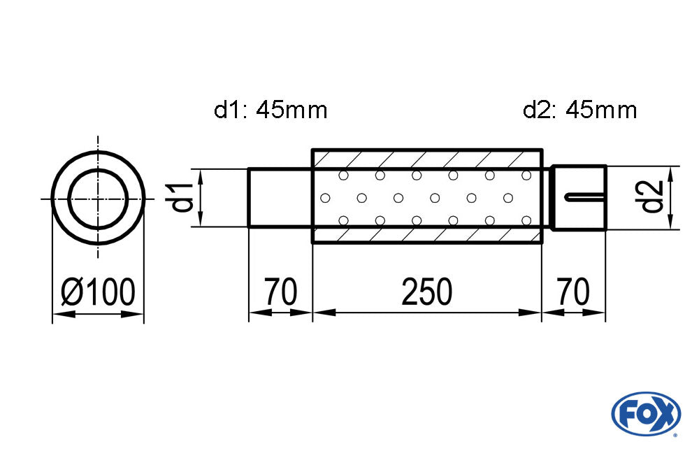 FOX Uni-Schalldämpfer rund mit Stutzen - Abwicklung 314 Ø 100mm, d1Ø 45mm d2Ø 45,5mm, Länge: 250mm
