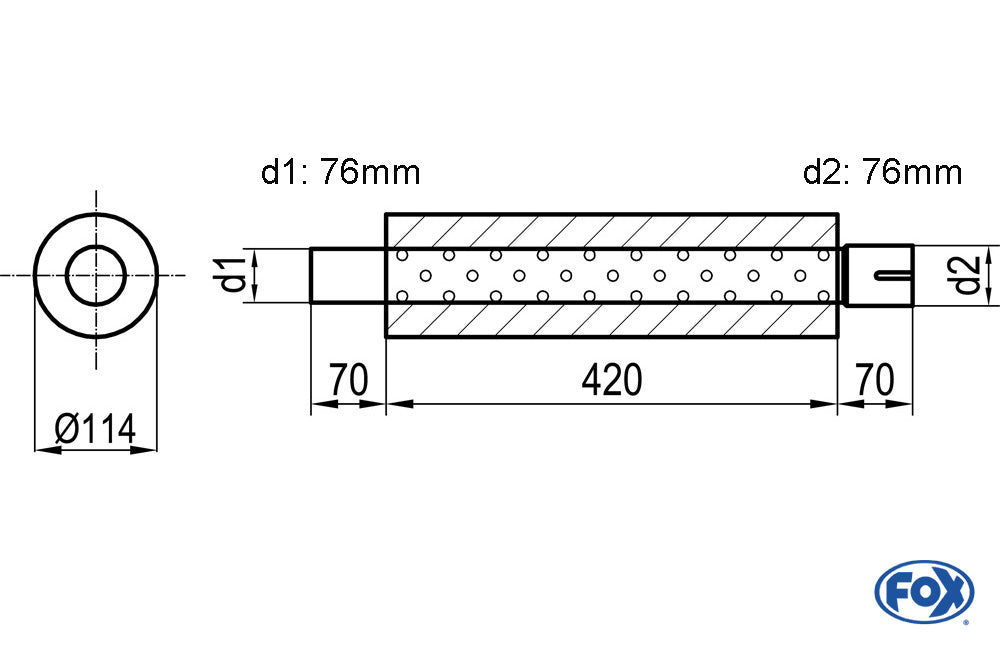 FOX Uni-Schalldämpfer rund mit Stutzen - Abwicklung 355 Ø 114mm, d1Ø 76mm d2Ø 76,5mm, Länge: 420mm