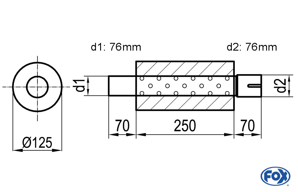 FOX Uni-Schalldämpfer rund mit Stutzen - Abwicklung 390 Ø 125mm, d1Ø 76mm d2Ø 76,5mm, Länge: 250mm