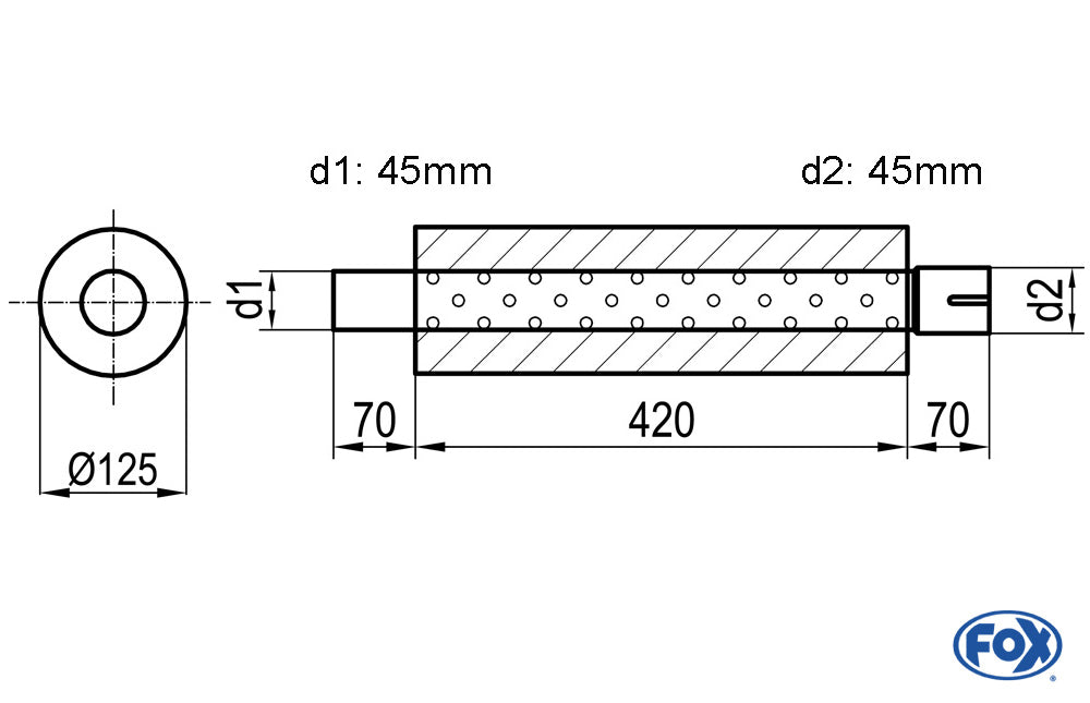 FOX Uni-Schalldämpfer rund mit Stutzen - Abwicklung 390 Ø 125mm, d1Ø 45mm d2Ø 45,5mm, Länge: 420mm