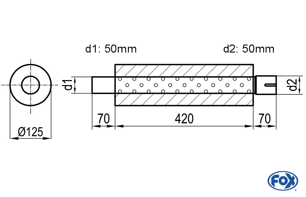 FOX Uni-Schalldämpfer rund mit Stutzen - Abwicklung 390 Ø 125mm, d1Ø 50mm d2Ø 50,5mm, Länge: 420mm
