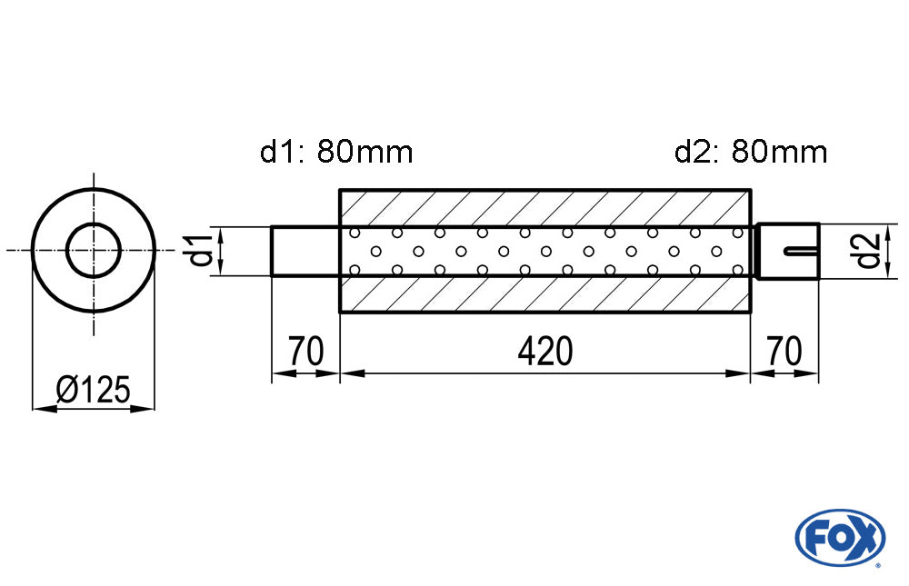 FOX Uni-Schalldämpfer rund mit Stutzen - Abwicklung 390 Ø 125mm, d1Ø 80mm außen, d2Ø 80mm innen, Länge: 420mm