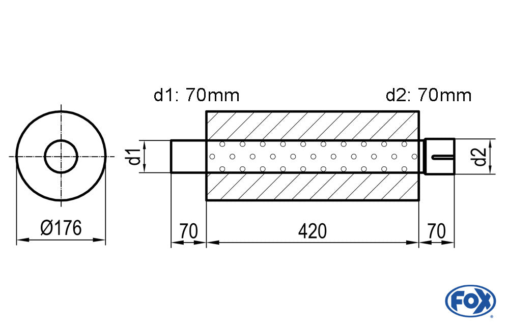 FOX Uni-Schalldämpfer rund mit Stutzen - Abwicklung 556 Ø 176mm, d1Ø 70mm d2Ø 70,5mm, Länge: 420mm