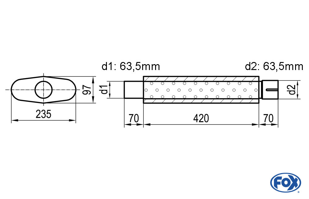 FOX Uni-Schalldämpfer oval mit Stutzen - Abwicklung 558 235x97mm, d1Ø 63,5mm d2Ø 64mm, Länge: 420mm