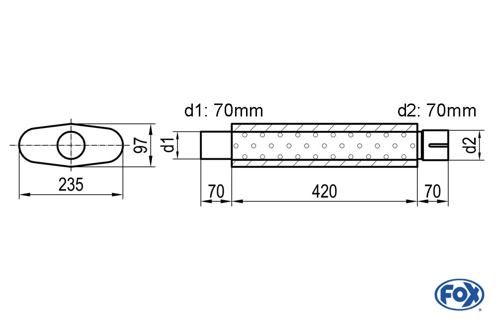 FOX Uni-Schalldämpfer oval mit Stutzen - Abwicklung 558 235x97mm, d1Ø 70mm d2Ø 70,5mm, Länge: 420mm