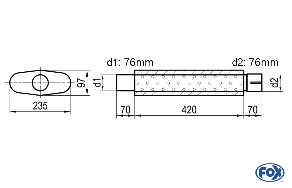 FOX Uni-Schalldämpfer oval mit Stutzen - Abwicklung 558 235x97mm, d1Ø 76mm d2Ø 76,5mm, Länge: 420mm
