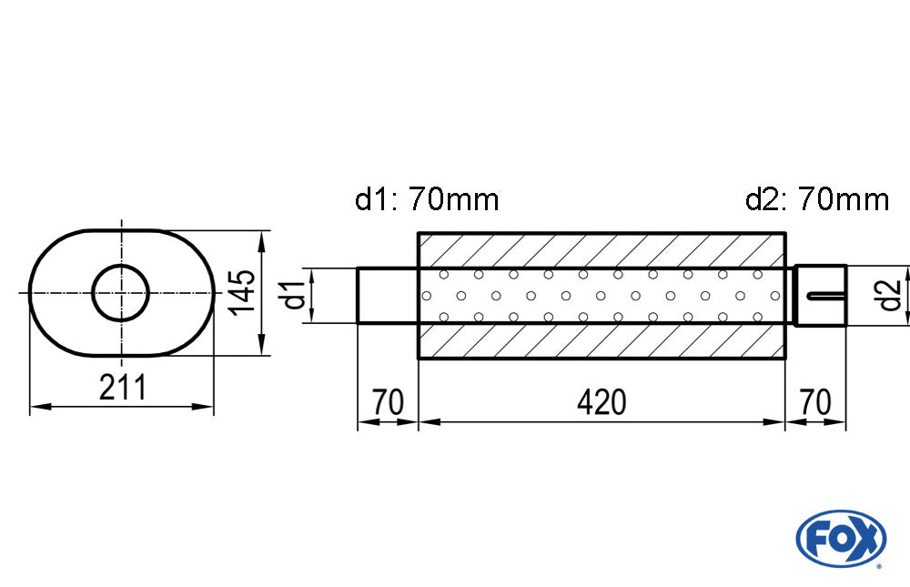 FOX Uni-Schalldämpfer oval mit Stutzen - Abwicklung 585 211x145mm, d1Ø 70mm d2Ø 70,5mm, Länge: 420mm