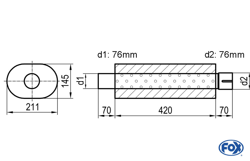 FOX Uni-Schalldämpfer oval mit Stutzen - Abwicklung 585 211x145mm, d1Ø 76mm d2Ø 76,5mm, Länge: 420mm