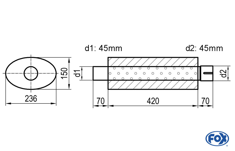 FOX Uni-Schalldämpfer oval mit Stutzen - Abwicklung 618 236x150mm, d1Ø 45mm d2Ø 45,5mm, Länge: 420mm