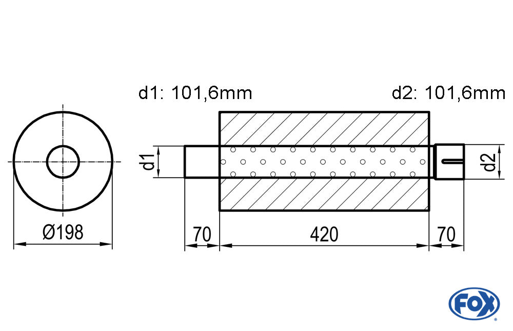 FOX Uni-Schalldämpfer rund mit Stutzen - Abwicklung 626 Ø 198mm, d1Ø 88,9mm d2Ø 88,9mm, Länge: 420mm