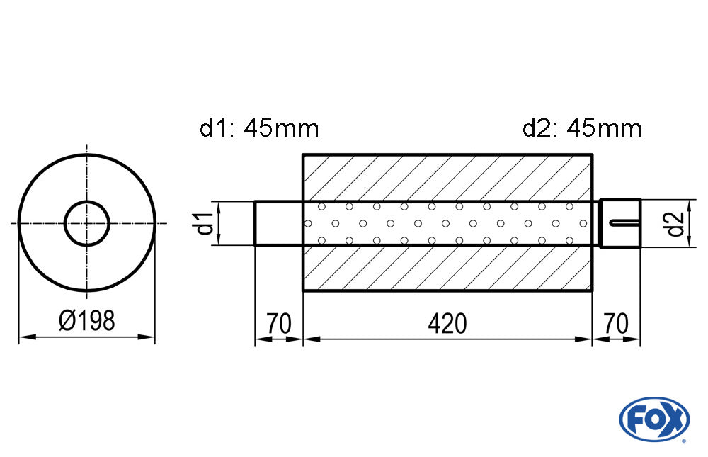 FOX Uni-Schalldämpfer rund mit Stutzen - Abwicklung 626 Ø 198mm, d1Ø 101,6mm d2Ø 101,6mm, Länge: 420mm