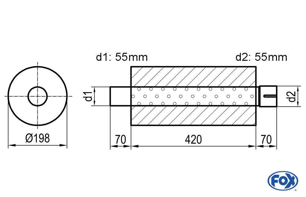 FOX Uni-Schalldämpfer rund mit Stutzen - Abwicklung 626 Ø 198mm, d1Ø 50mm d2Ø 50,5mm, Länge: 420mm