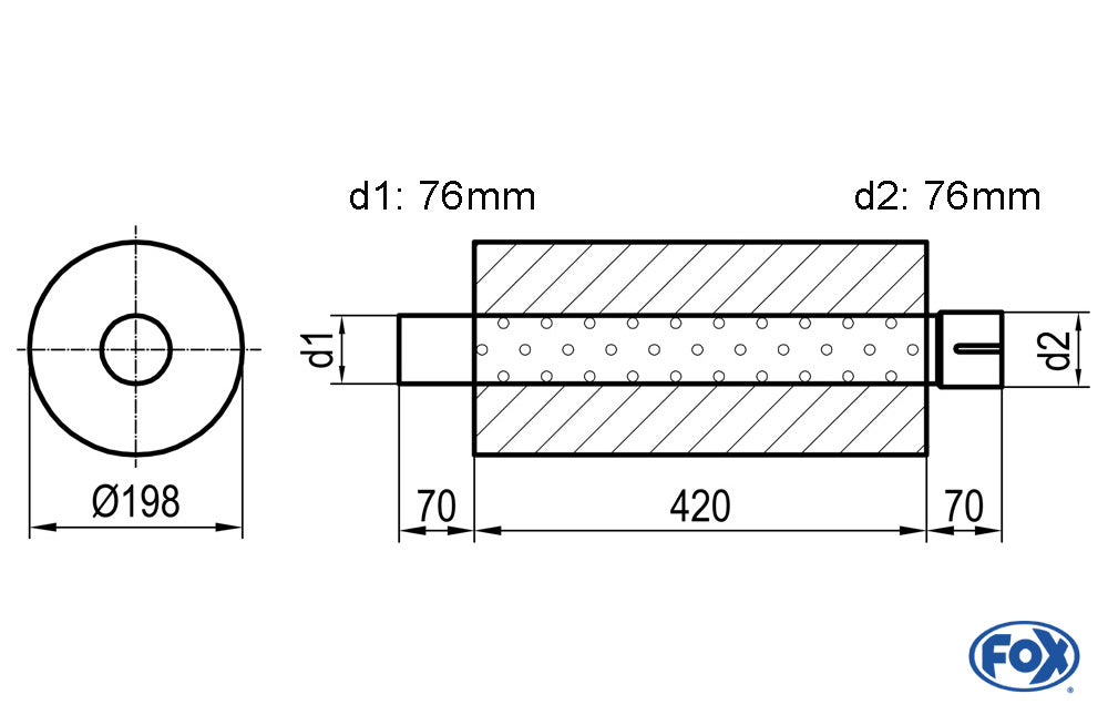 FOX Uni-Schalldämpfer rund mit Stutzen - Abwicklung 626 Ø 198mm, d1Ø 70mm d2Ø 70,5mm, Länge: 420mm