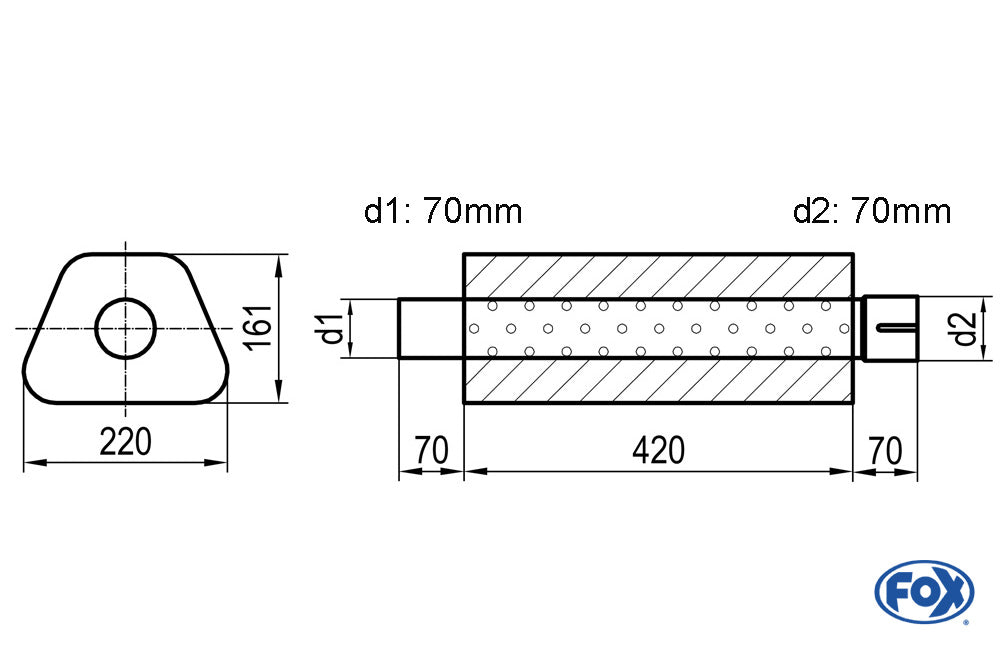 FOX Uni-Schalldämpfer Trapezoid mit Stutzen - Abwicklung 644 220x161mm, d1Ø 70mm d2Ø 70,5mm, Länge: 420mm