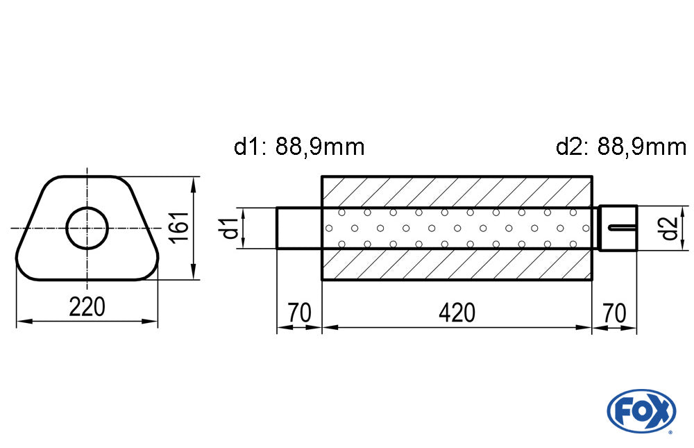 FOX Uni-Schalldämpfer Trapezoid mit Stutzen - Abwicklung 644 220x161mm, d1Ø 88,9mm d2Ø 88,9mm, Länge: 420mm