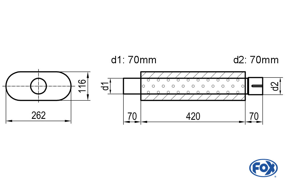 FOX Uni-Schalldämpfer oval mit Stutzen - Abwicklung 650 262x116mm, d1Ø 70mm d2Ø 70,5mm, Länge: 420mm