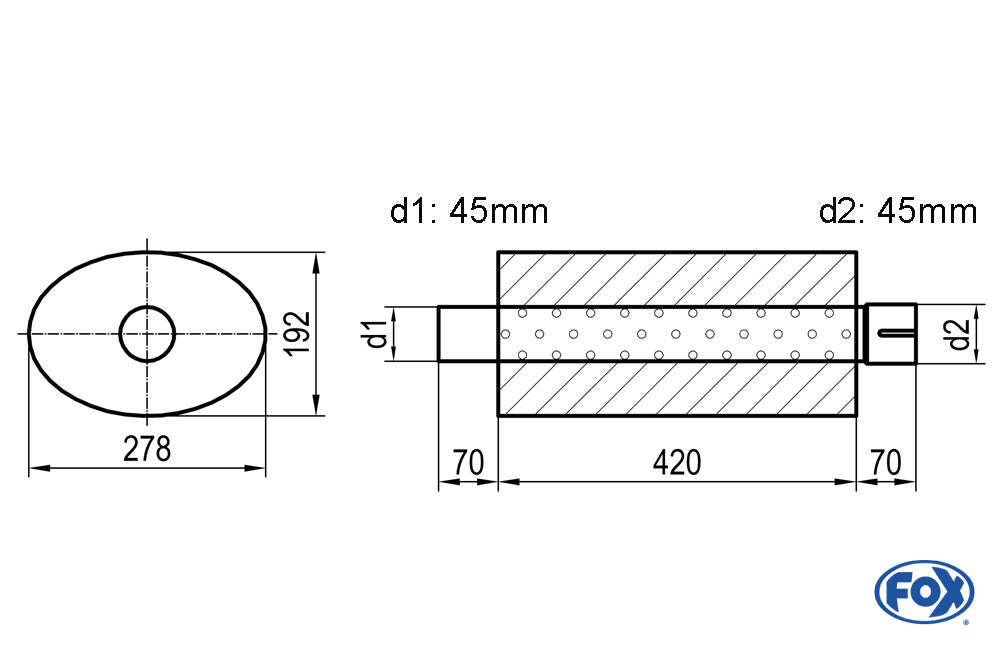 FOX Uni-Schalldämpfer oval mit Stutzen - Abwicklung 754 278x192mm, d1Ø 45mm d2Ø 45,5mm, Länge: 420mm