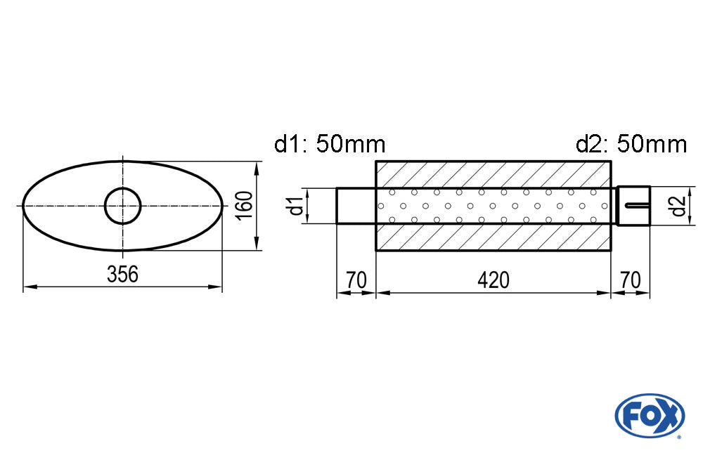 FOX Uni-Schalldämpfer oval mit Stutzen - Abwicklung 818 356x160mm, d1Ø 50mm d2Ø 50,5mm, Länge: 420mm