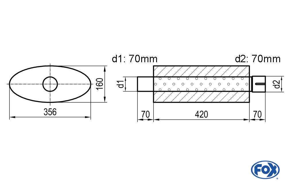 FOX Uni-Schalldämpfer oval mit Stutzen - Abwicklung 818 356x160mm, d1Ø 70mm d2Ø 70,5mm, Länge: 420mm
