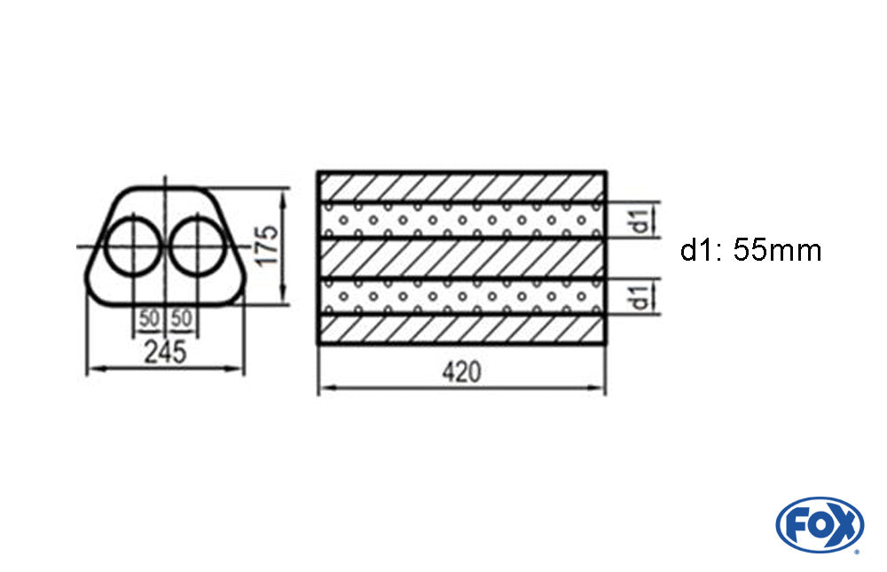 FOX Uni-Schalldämpfer Trapezoid zweiflutig - Abwicklung 711 245x175mm, d1Ø 55mm außen -, Länge: 420mm