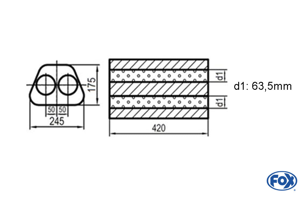 FOX Uni-Schalldämpfer Trapezoid zweiflutig - Abwicklung 711 245x175mm, d1Ø 63,5mm außen -, Länge: 420mm