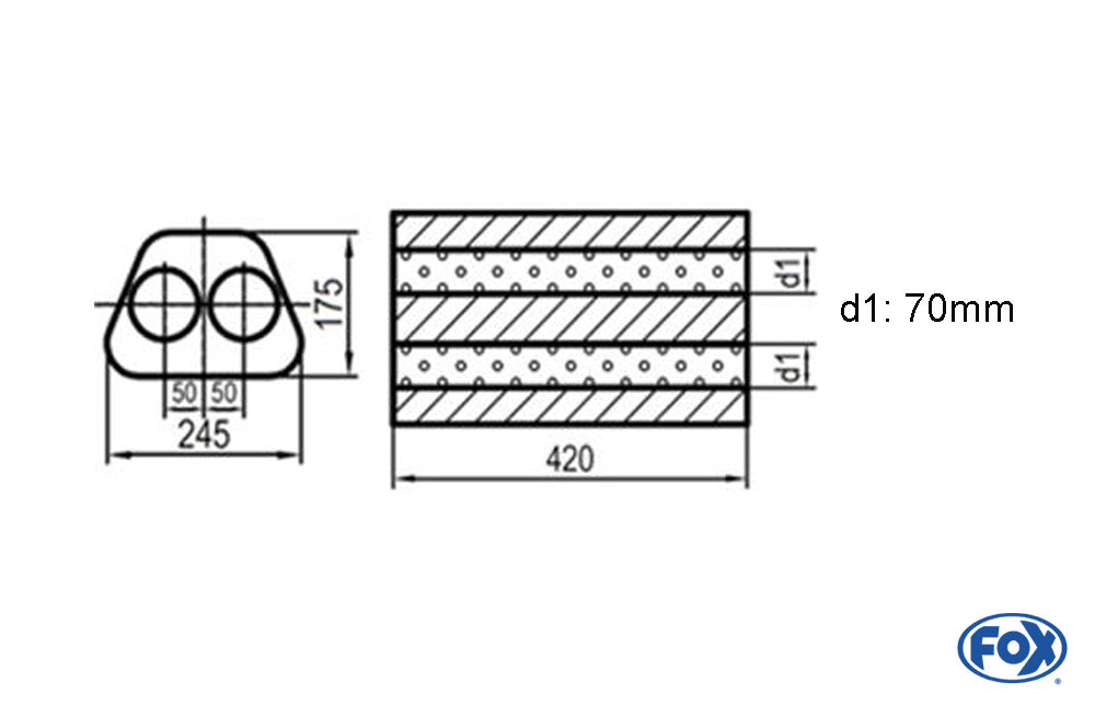 FOX Uni-Schalldämpfer Trapezoid zweiflutig - Abwicklung 711 245x175mm, d1Ø 70mm außen -, Länge: 420mm