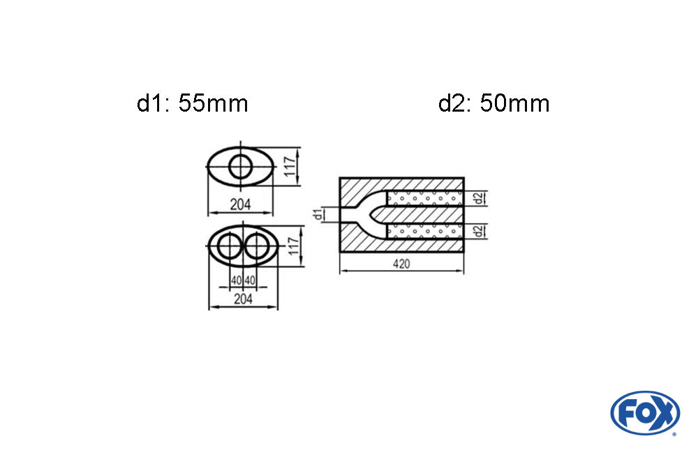 FOX Uni-Schalldämpfer oval zweiflutig mit Hose - Abwicklung 525 204x117mm, d1Ø 55mm d2Ø 50mm, Länge: 420mm