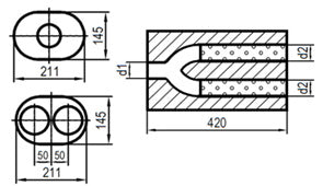 FOX Uni-Schalldämpfer oval zweiflutig mit Hose - Abwicklung 585 211x145mm, d1Ø 80mm d2Ø 70mm, Länge: 420mm