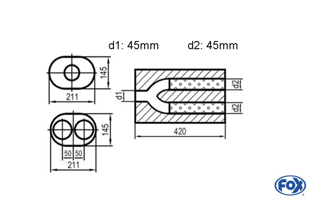 FOX Uni-Schalldämpfer oval zweiflutig mit Hose - Abwicklung 585 211x145mm, d1Ø 45mm d2Ø 40mm, Länge: 420mm