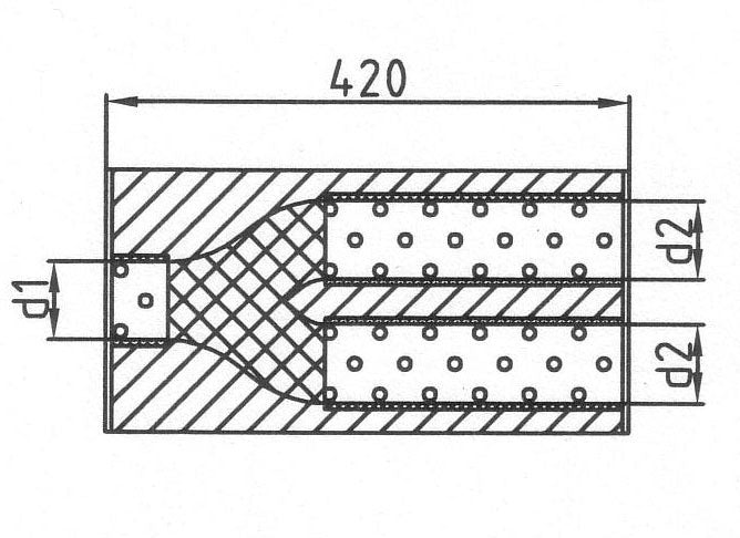 FOX Uni-Schalldämpfer oval zweiflutig mit Hose - Abwicklung 525 204x117mm, d1Ø 76mm d2Ø 63,5mm, Länge: 420mm