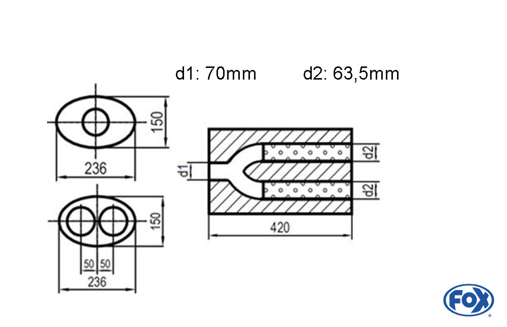 FOX Uni-Schalldämpfer oval zweiflutig mit Hose - Abwicklung 618 236x150mm, d1Ø 70mm d2Ø 63mm, Länge: 420mm