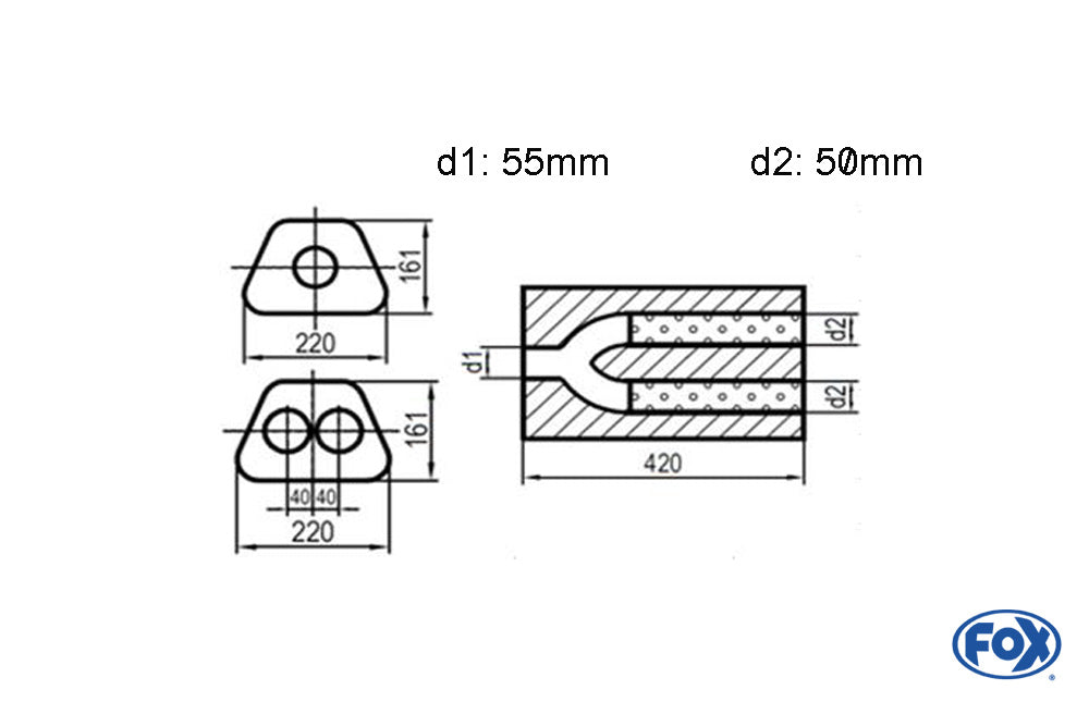 FOX Uni-Schalldämpfer trapezoid zweiflutig mit Hose - Abw. 644 220x161mm, d1Ø 55mm d2Ø 50mm, Länge: 420mm