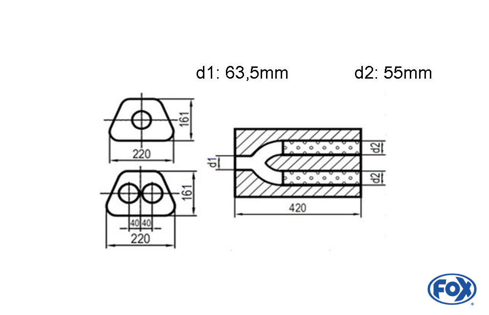 FOX Uni-Schalldämpfer trapezoid zweiflutig mit Hose - Abw. 644 220x161mm, d1Ø 63,5mm d2Ø 55mm, Länge: 420mm
