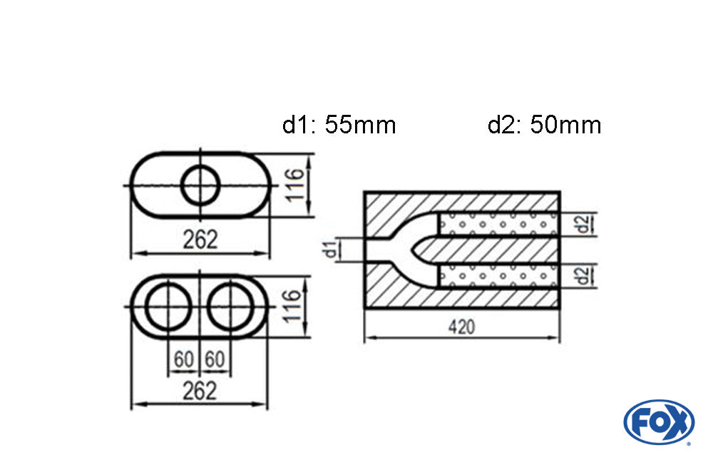 FOX Uni-Schalldämpfer oval zweiflutig mit Hose - Abwicklung 650 262x116mm, d1Ø 55mm d2Ø 50mm, Länge: 420mm