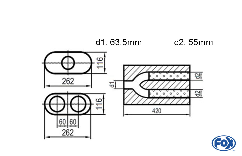 FOX Uni-Schalldämpfer oval zweiflutig mit Hose - Abwicklung 650 262x116mm, d1Ø 63,5mm d2Ø 55mm, Länge: 420mm