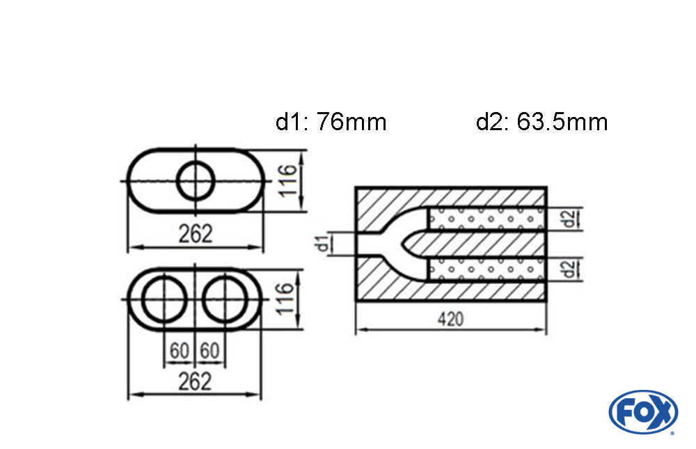 FOX Uni-Schalldämpfer oval zweiflutig mit Hose - Abwicklung 650 262x116mm, d1Ø 76mm d2Ø 63,5mm, Länge: 420mm