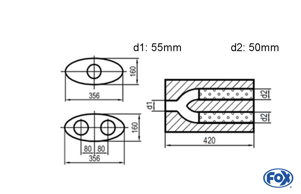 FOX Uni-Schalldämpfer oval zweiflutig mit Hose - Abwicklung 818 356x160mm, d1Ø 55mm d2Ø 50mm, Länge: 420mm