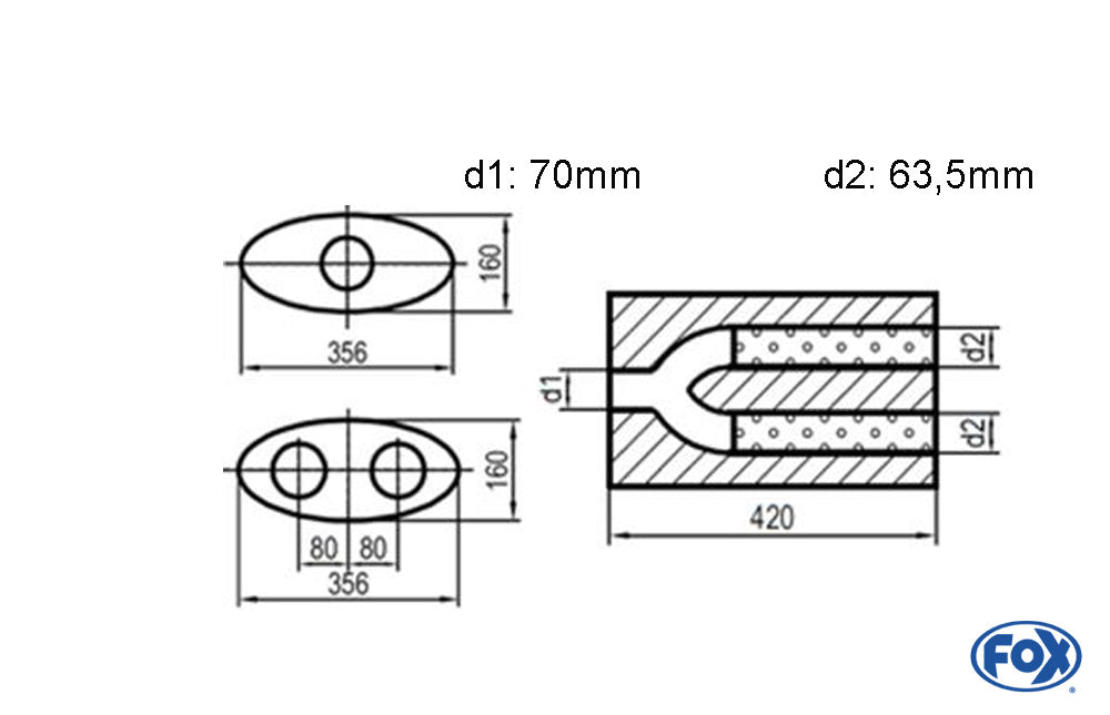 FOX Uni-Schalldämpfer oval zweiflutig mit Hose - Abwicklung 818 356x160mm, d1Ø 70mm d2Ø 60mm, Länge: 420mm
