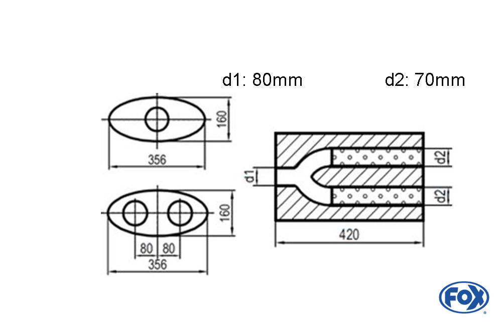 FOX Uni-Schalldämpfer oval zweiflutig mit Hose - Abwicklung 818 356x160mm, d1Ø 80mm d2Ø 70mm, Länge: 420mm