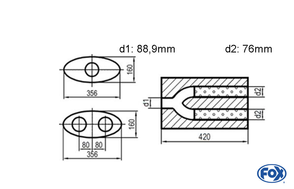 FOX Uni-Schalldämpfer oval zweiflutig mit Hose - Abwicklung 818 356x160mm, d1Ø 88mm d2Ø 76mm, Länge: 420mm