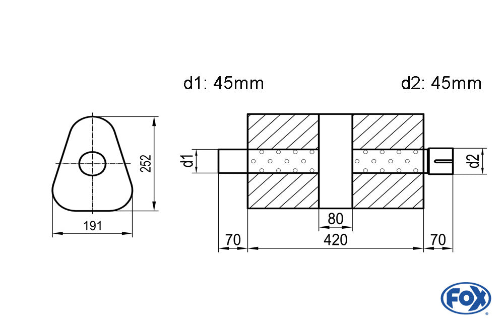FOX Uni-Schalldämpfer dreieck mit Kammer + Stutzen - Abw. 725 191x252mm, d1Ø 45mm (außen), d2Ø 45mm (innen), Länge: 420mm