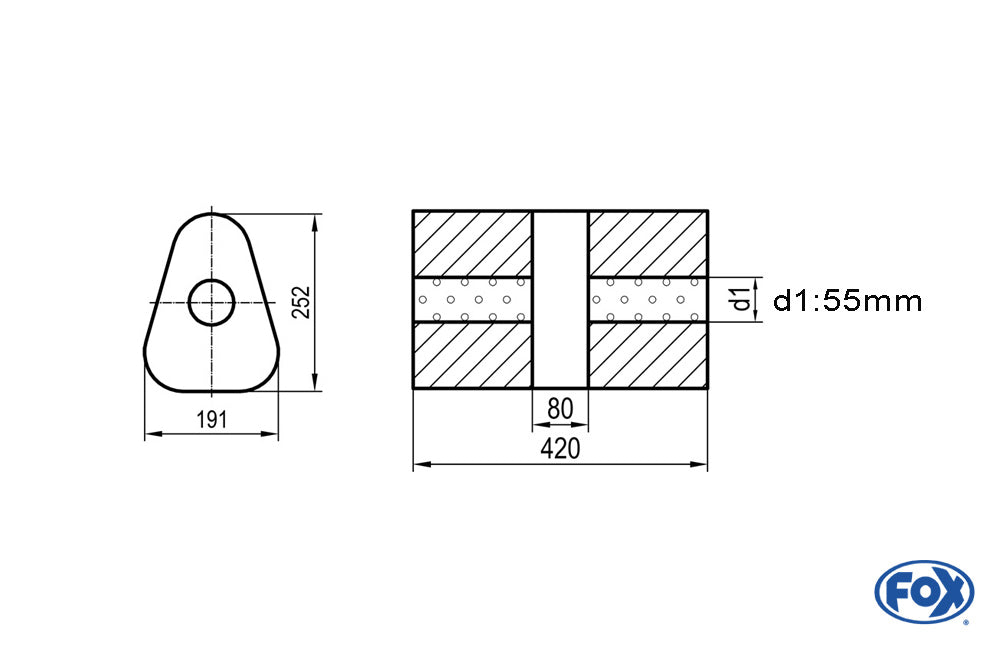 FOX Uni-Schalldämpfer dreieck ohne Stutzen mit Kammer - Abw. 725 191x252mm, d1Ø 55mm, Länge: 420mm