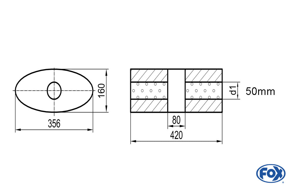 FOX Uni-Schalldämpfer oval ohne Stutzen mit Kammer - Abw. 818 356x160mm, d1Ø 50mm, Länge: 420mm