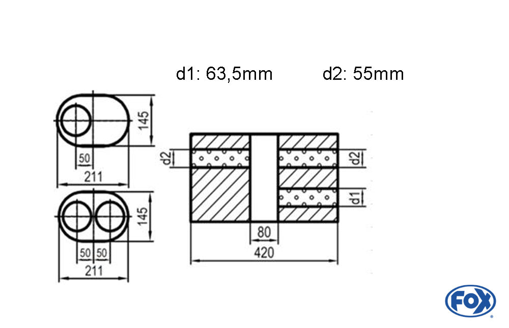 FOX Uni-Schalldämpfer oval zweiflutig mit Kammer -Abwicklung 585 211x145mm, d1Ø 63,5mm d2Ø 55 mm, Länge: 420mm - Variante 1