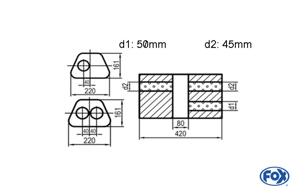 FOX Uni-Schalldämpfer Trapezoid zweiflutig mit Kammer - Abw. 644 220x161mm, d1Ø 50mm d2Ø 45mm, Länge: 420mm - Variante 1