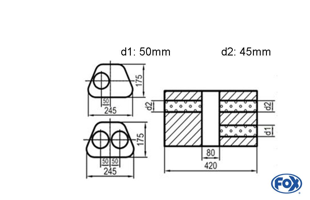 FOX Uni-Schalldämpfer Trapezoid zweiflutig mit Kammer - Abw. 711 245x175mm, d1Ø 50mm d2Ø 45mm, Länge: 420mm - Variante 1