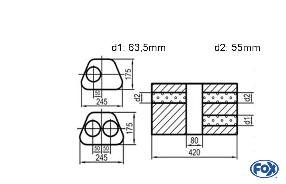 FOX Uni-Schalldämpfer Trapezoid zweiflutig mit Kammer - Abw. 711 245x175mm, d1Ø 63,5mm d2Ø 55mm, Länge: 420mm - Variante 1